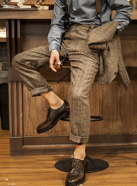 SOARIN英伦复古格子西装裤男士 商务休闲修身九分裤格纹直筒裤子