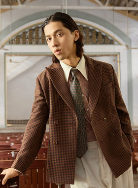 SOARIN复古英式格子西装外套男 双排扣戗驳领羊毛呢休闲单西服