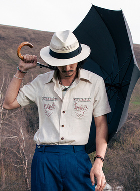 SOARIN美式复古绣花工装衬衫男 阿美咔叽薄款休闲修身五分袖衬衣