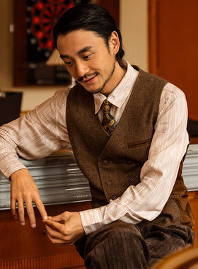 SOARIN英伦复古双排扣西装马甲男 毛呢拼接商务休闲修身马夹背心