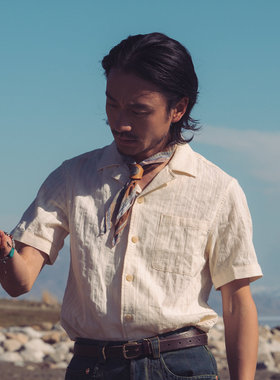 SOARIN复古英伦风古巴领短袖衬衫男 全棉休闲修身条纹五分袖衬衣