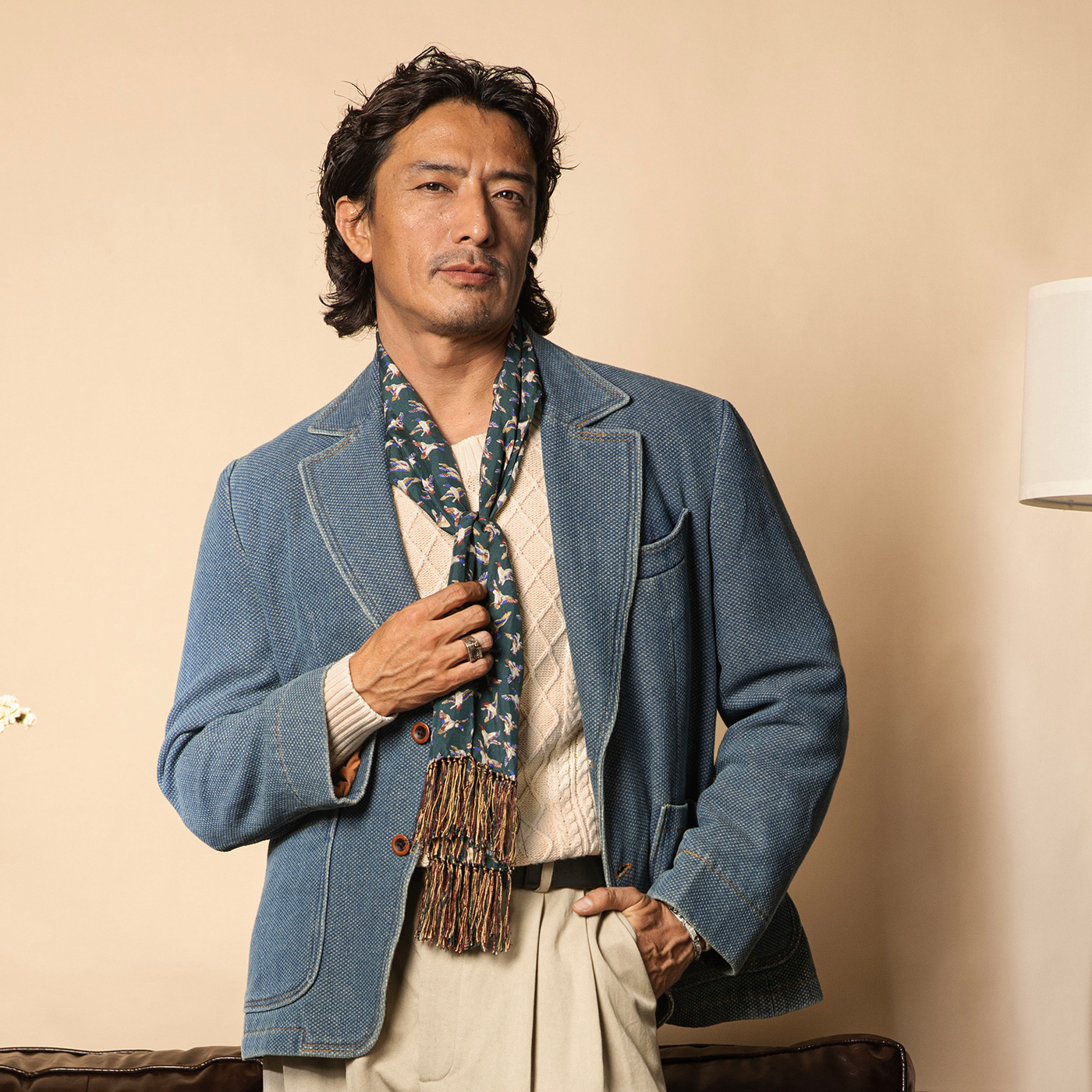 SOARIN复古老钱风牛仔西装外套男华夫格洗水蓝休闲青年痞帅单西服