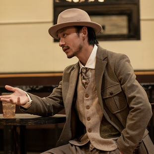 SOARIN英伦风复古千鸟格西装男 小格子商务休闲修身毛呢西服外套