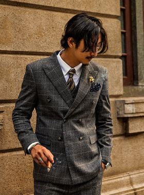SOARIN复古英伦风双排扣西装外套男 格子商务正装西服婚礼职业装