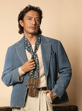 SOARIN复古老钱风牛仔西装外套男华夫格洗水蓝休闲青年痞帅单西服