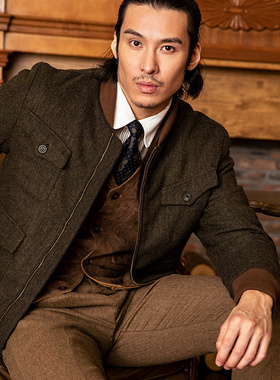 SOARIN英伦风复古毛呢夹克外套男 Vintage古着感粗花呢休闲棒球服