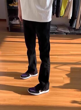 黑色弯刀牛仔裤秋冬男生美式高街vibe裤子加绒高腰窄版直筒微喇裤