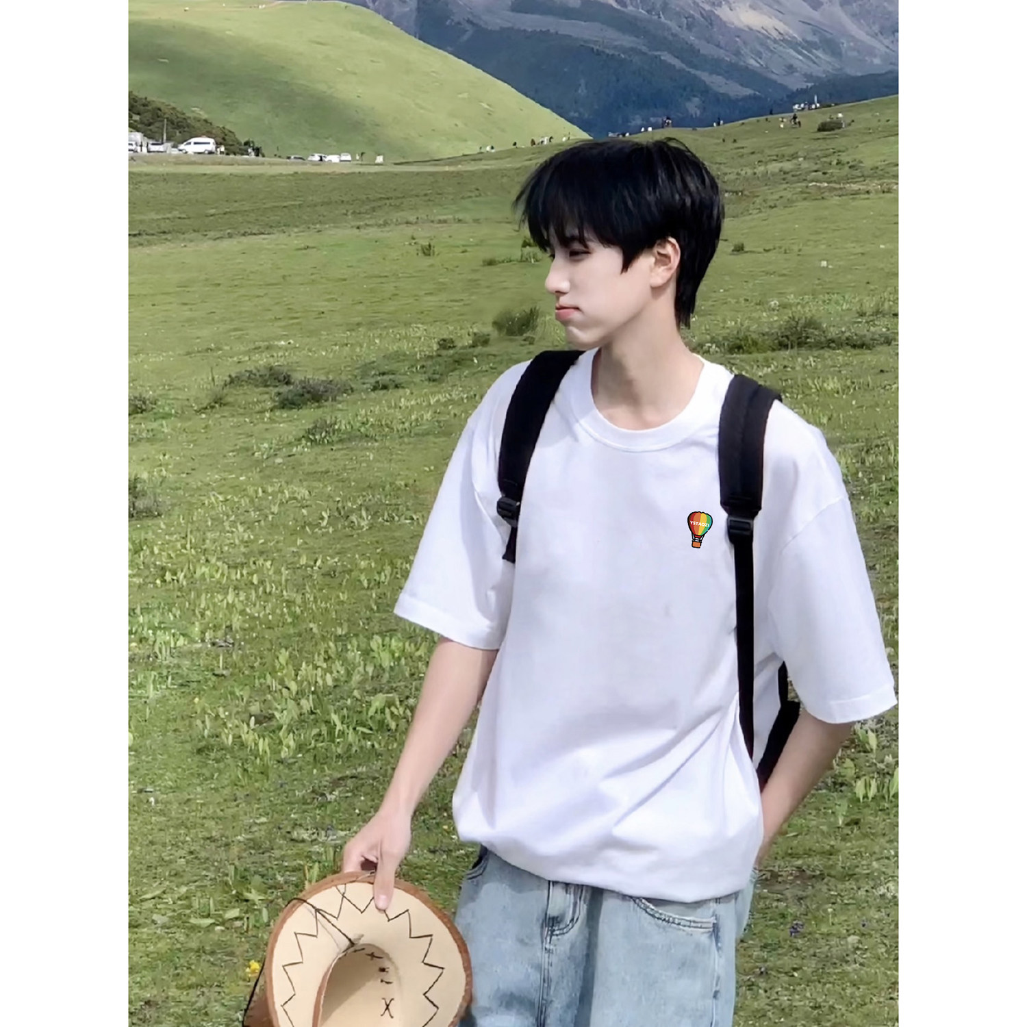 纯黑色男式全棉t恤男大学生穿搭美式短袖夏季内搭重磅五分袖半袖图片