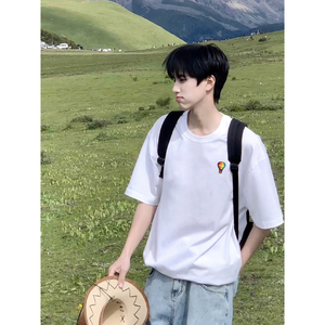 纯黑色男式全棉t恤男大学生穿搭美式短袖夏季内搭重磅五分袖半袖图片