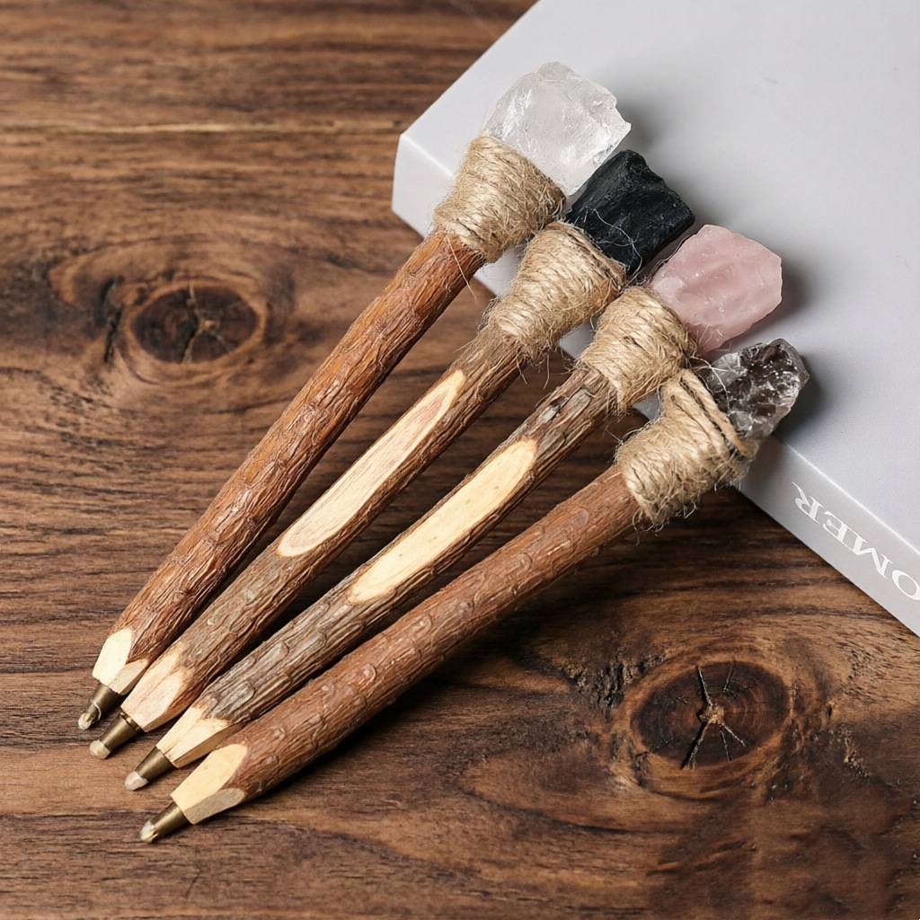 天然水晶原石魔法笔创意木质树枝圆珠笔水晶工艺品原木权杖签字笔