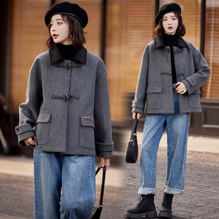 水衣源2628款 撞色宽松毛呢大衣女 短款