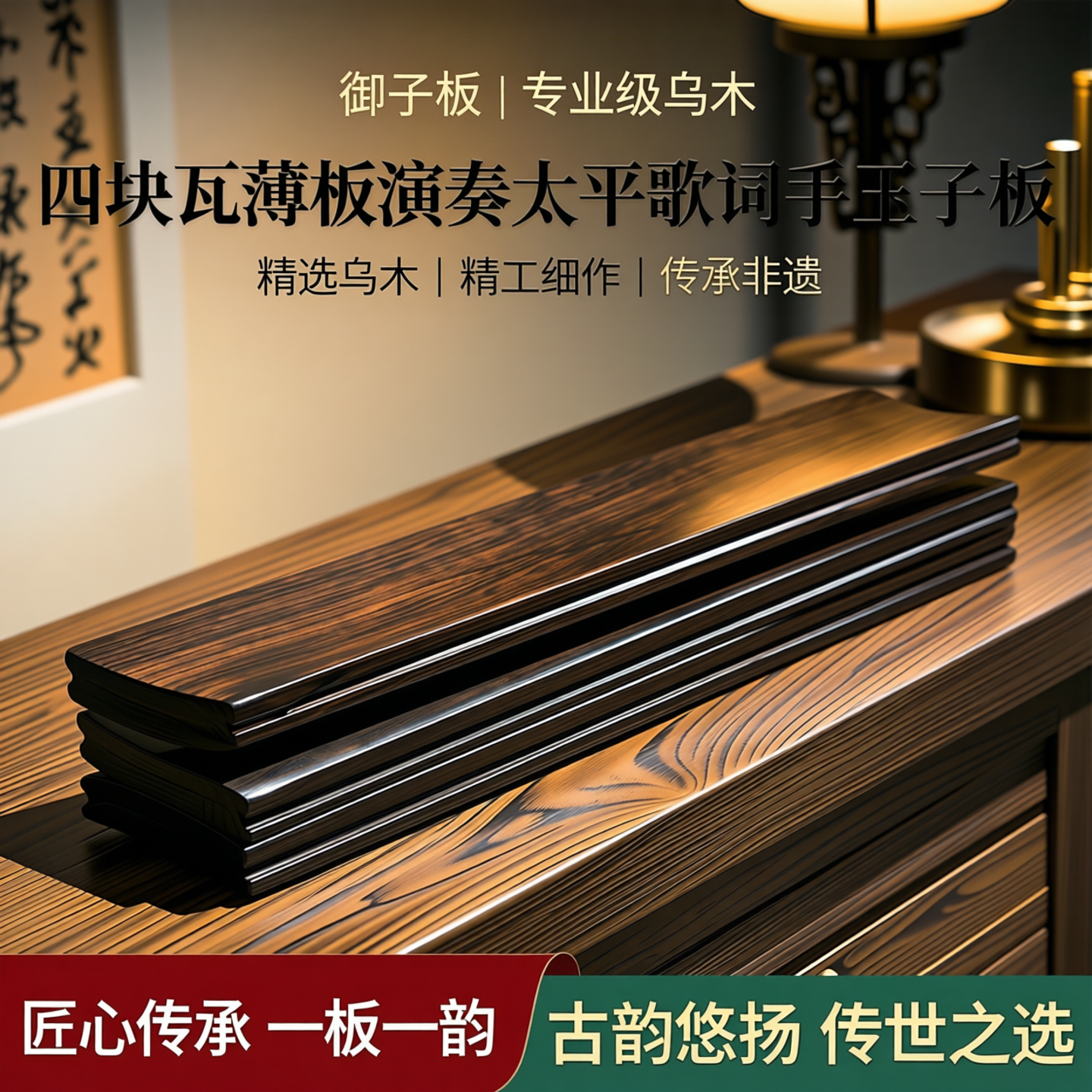 御子板免费刻字拍板专业级乌木四块瓦薄板演奏太平歌词手玉子板