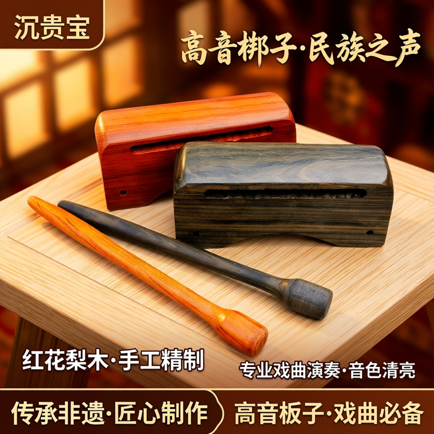 拱桥形高音梆子红花梨木民族乐器高音板子沉贵宝戏曲高音送敲锤