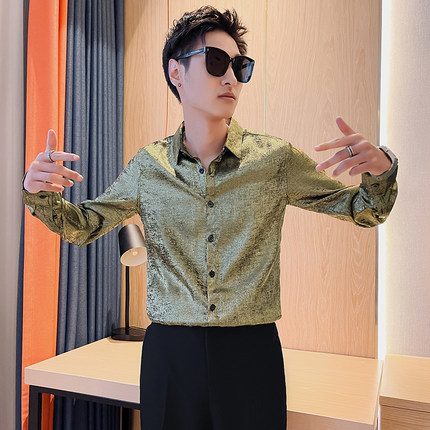 秋季烫金衬衫男长袖韩版痞帅炸街上衣2025新款高级感潮牌衬衣男装