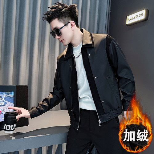加绒加厚皮衣男装今年流行皮夹克