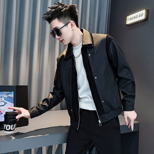 痞帅炸街皮衣男士超火皮夹克拼接