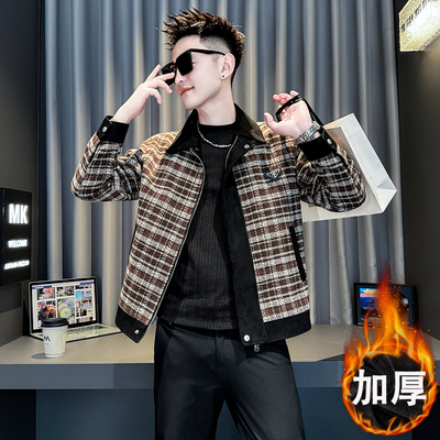 秋冬加厚款夹克男士格子呢料上衣