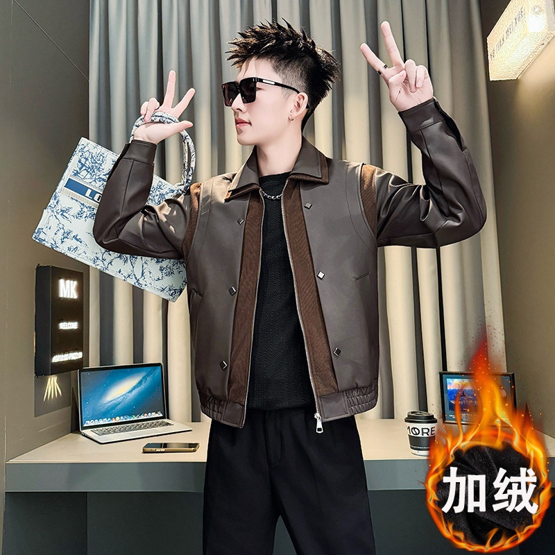 加绒加厚皮衣男士超火保暖皮夹克