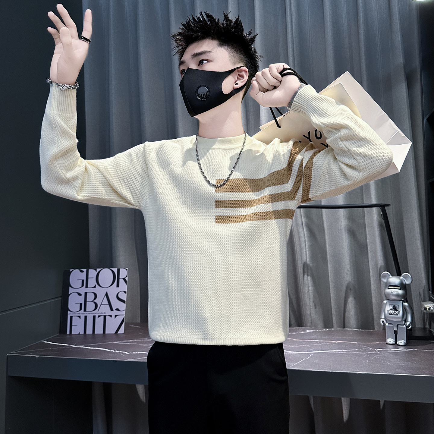 秋冬加厚毛衣男士流行条纹针织衫