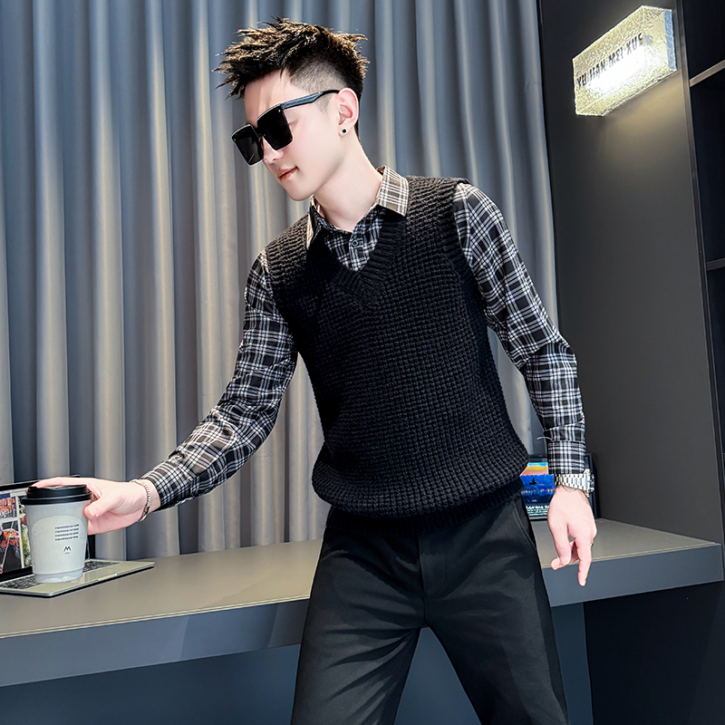 秋冬格子毛衣男士衬衫领针织衫