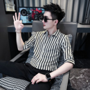 夏季短袖衬衫男士修身超火条纹七分袖2025新款高级感潮牌衣服男装
