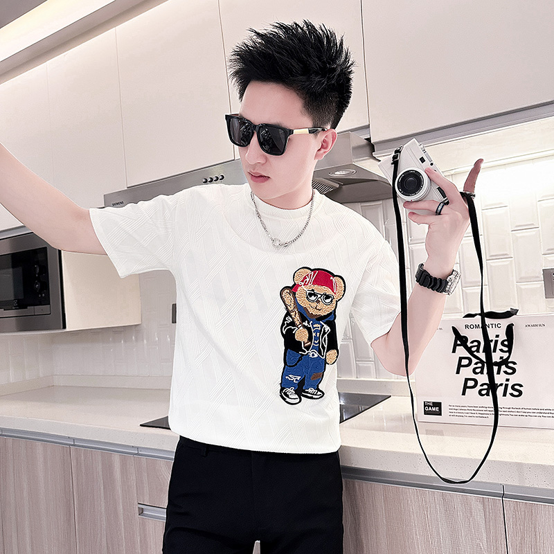 夏季痞帅短袖t恤男款卡通潮流体恤2025新款高级感潮牌ins刺绣衣服