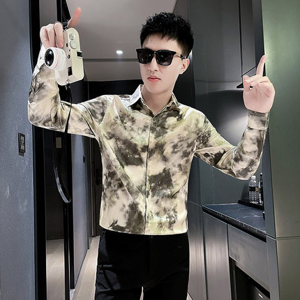 高级感衬衫男长袖修身韩系痞帅炸街印花上衣发型师潮牌衬衣服男装