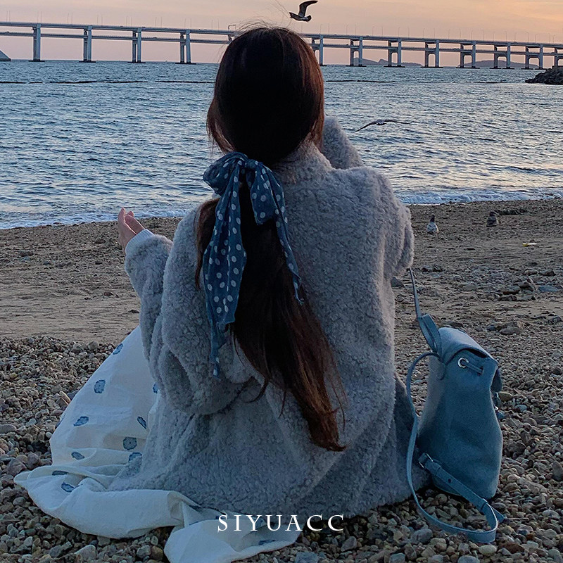 甜美蓝色波点丝巾女气质秋冬时髦慵懒风围巾百搭扎发系带发绳配饰