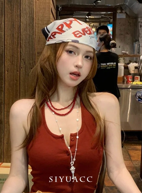 美式复古Y2K甜酷红色字母头巾女