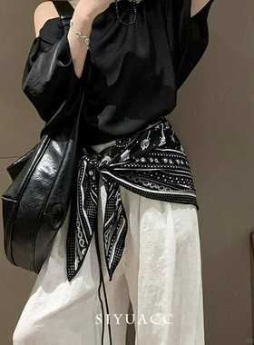 复古甜酷黑色条纹腰果花大方巾ins韩系辣妹y2k腰带绑带辣妹丝巾女
