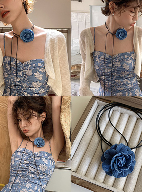 蓝色牛仔山茶花颈链choker芭蕾风甜酷少女夏季甜酷绑带颈带锁骨链