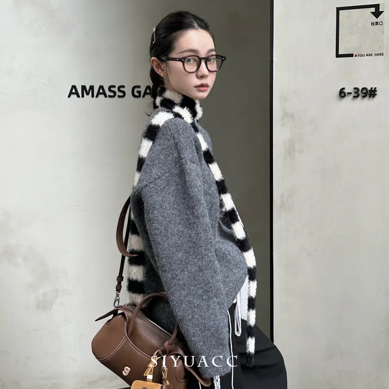 韩国黑白条纹长条围巾秋冬围脖女