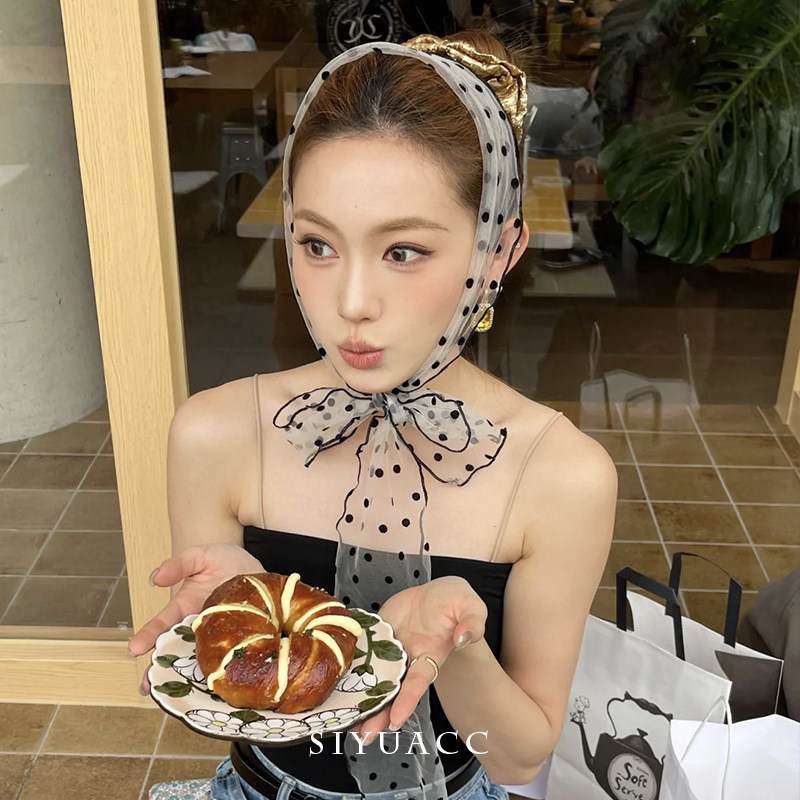 韩版气质波点丝巾女透明欧根纱飘带领巾高级感百搭氛围感颈饰系带