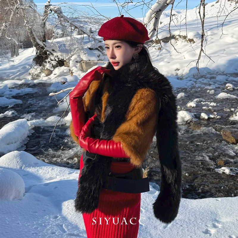 黑色长条毛毛围巾女冬季韩版保暖仿皮草毛领围脖高级感毛绒披肩