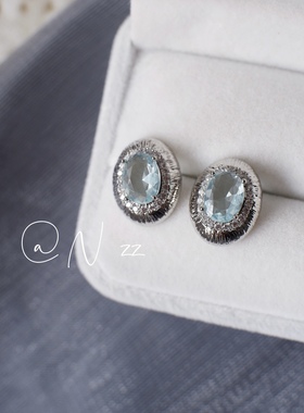 N zz气质椭圆拉丝海蓝宝石小巧耳钉优雅显白圆形清透蓝色锆石耳饰