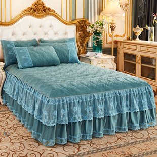 欧式 保暖夹棉水晶绒床裙单件夹棉加厚床罩1.8m床盖防滑保护套冬季