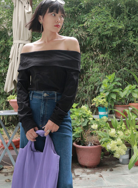 孤品清仓 cos一字领露肩黑色长袖全棉T恤天鹅颈显瘦百搭