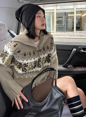 绵羊毛混纺费尔岛复古花纹翻领针织开衫女25冬季新款慵懒毛衣外套