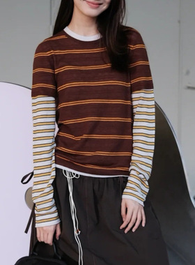 25秋冬新款时髦撞色袖假两件针织长袖女圆领条纹羊毛针织打底衫潮