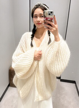 T0T慵懒风宽松马海毛开衫小众加厚针织披肩外套女2025秋冬厚毛衣