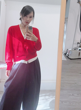 2025秋新品V领假两件羊毛衬衫针织开衫女短款慵懒风气质针织上衣