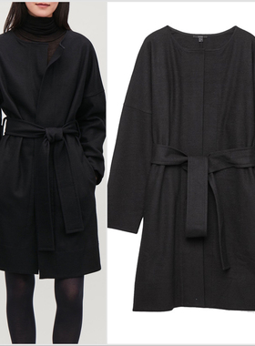 断码清不退换 瑞典C家黑色羊毛无领子腰带修身羊毛呢子大衣外套