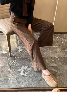 枫叶国瑜伽原厂渠道灯芯绒女中腰阔腿裤休闲宽松显瘦窄版直筒长裤