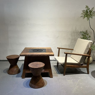 侘寂风老榆木围炉煮茶桌民宿全实木茶台家用阳台户外碳炉烧烤茶几
