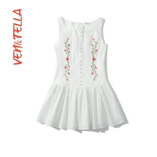 VEN&TELLA秋冬欧美风 前排扣连衣裙 简约修身 绣花无袖