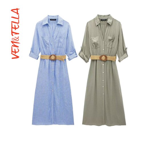 春夏欧美风配腰带衬衣式连衣裙