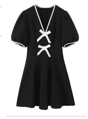 气质简约撞色蝴蝶结饰迷你连衣裙9158536~VEN&TELLA秋冬欧美风