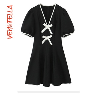 气质简约撞色蝴蝶结饰迷你连衣裙9158536 VEN&TELLA秋冬欧美风