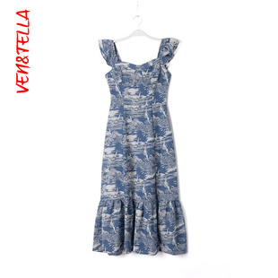 显瘦雪纺荷叶边 修身 VEN&TELLA秋冬欧美风 复古碎花连衣裙夏季 法式