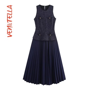 VEN&TELLA秋冬欧美风 压褶拼接连衣裙 法式 复古气质优雅圆领无袖